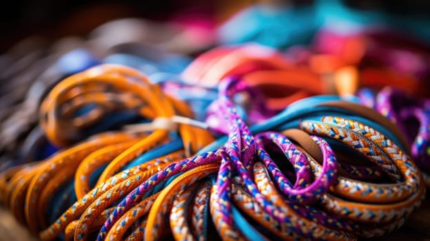 A pile of colorful rope bracelets