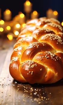 A braided bread with sesame seeds on a wooden table with candles