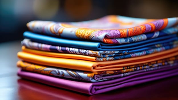 A stack of colorful folded cloths