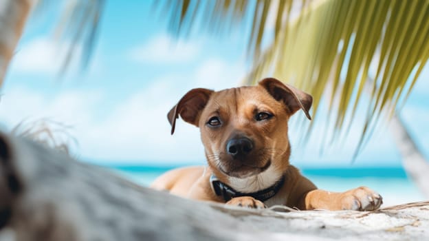 A dog laying on a beach with palm trees in the background