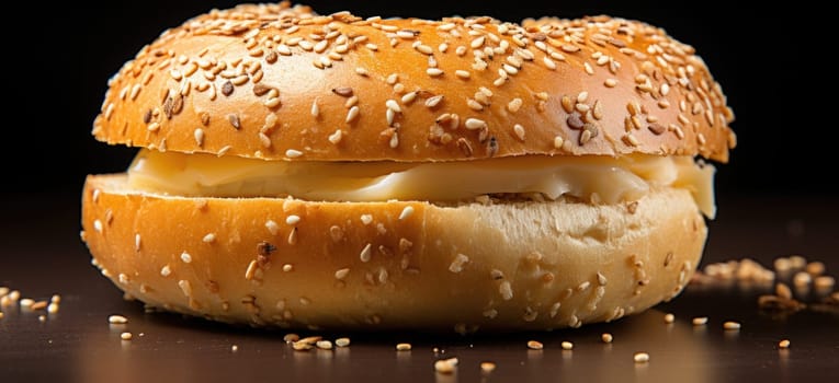 A close up of a bagel with cheese and sesame seeds