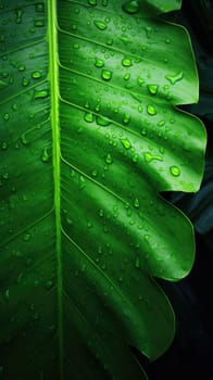 A close up of a green leaf with water droplets