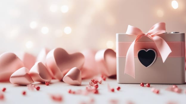 Pink hearts and gift box on white background with bokeh light