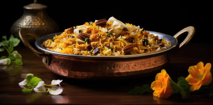 Indian biryani in copper bowl with flowers and spices