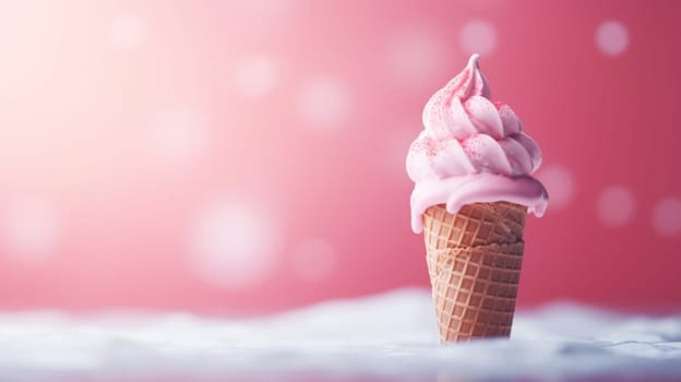 Ice cream in a waffle cone on a pink background