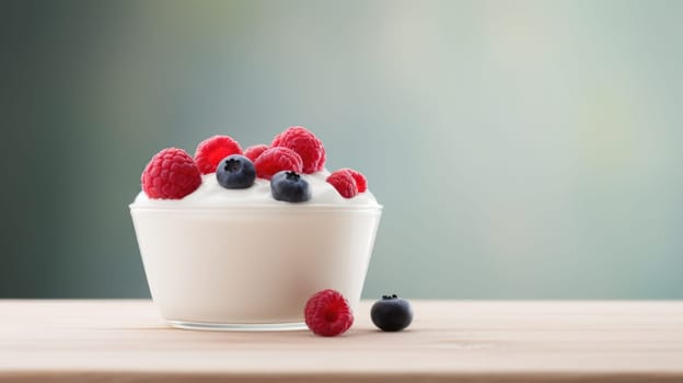 Yogurt with berries in a glass on a wooden table