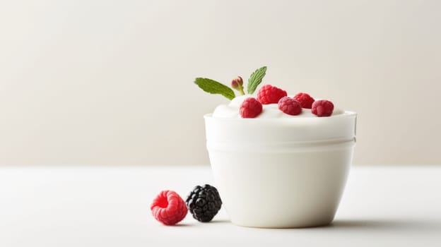 A cup of yogurt with berries and mint leaves