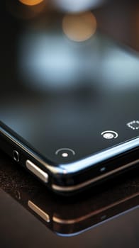 A close up of a black smartphone sitting on a table