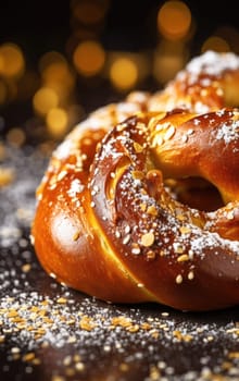 A pretzel is shown on a table with powdered sugar