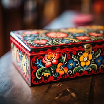 A colorful wooden box with a floral design on it