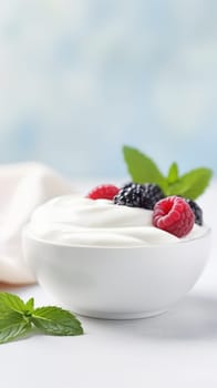 Yogurt with berries and mint on white background