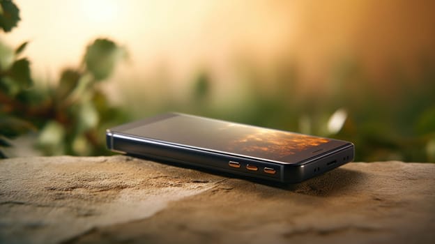 A cell phone sitting on a rock in front of a green field