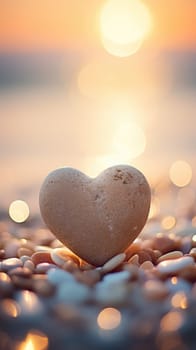 A heart shaped stone is placed on the beach at sunset