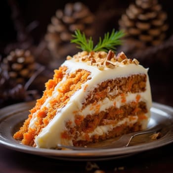 A slice of carrot cake with cream cheese frosting and pine cones