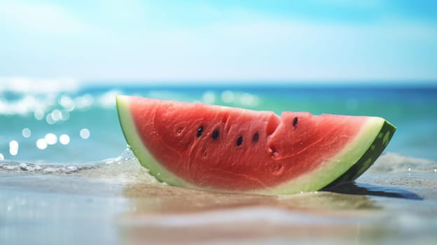 A slice of watermelon on the beach with the ocean in the background