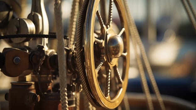 A close up of a steering wheel on a sail boat