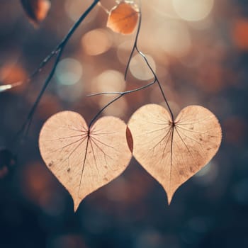 Two heart shaped leaves hanging from a branch