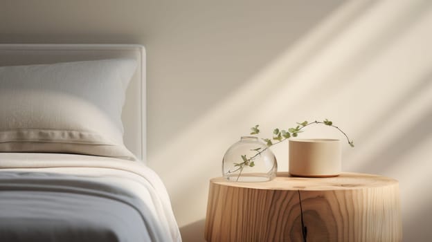 A bed with white sheets and a vase on top