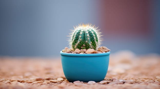 A small cactus plant in a blue pot on the ground