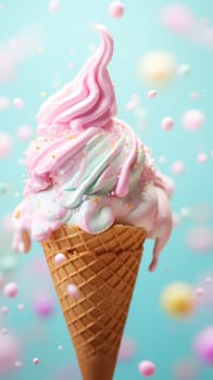 An ice cream cone with pink and white frosting