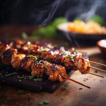 Japanese yakitori, chicken skewers on a wooden board with smoke