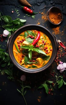 Thai curry with vegetables and spices in a bowl on a black background
