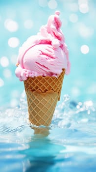 A waffle cone with pink ice cream floating in the water
