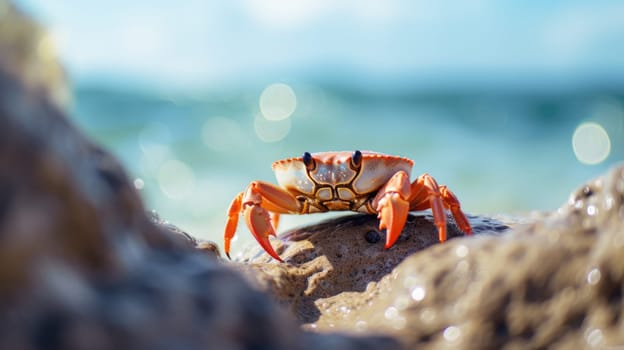 A crab is standing on a rock near the ocean