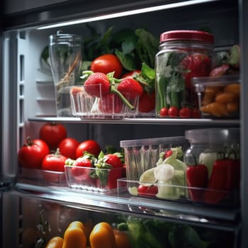 A refrigerator with fresh vegetables and fruits inside