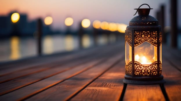 A lantern on a wooden dock at dusk