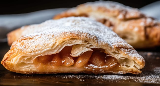 A pastry with powdered sugar and apples