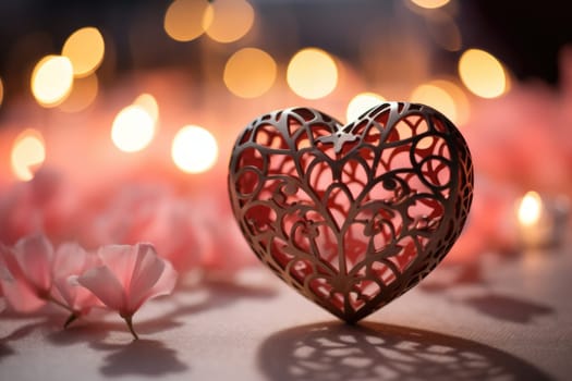 A heart shaped object with pink flowers on a table