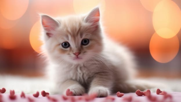 A kitten sitting on a pink blanket with red hearts