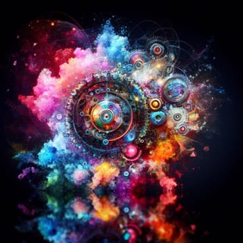 a color explosion of paint render a steampunk geared poly transparent heart - love concept generative ai art