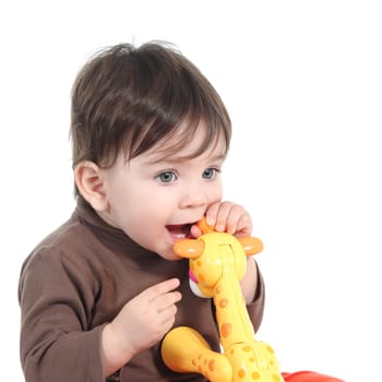 Baby girl biting an animal toy isolated on a white background