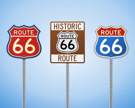 Set of Historic Highway Roadsigns on Blue Sky