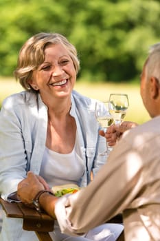 Retired couple happy celebrate anniversary outdoors sunny day
