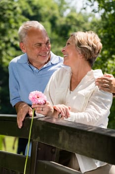 Romantic senior couple laughing at each other outdoors