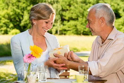 Retired Caucasian couple smiling and  holding gift outdoors