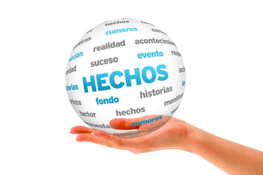 Hand holding a 3D Facts Word Sphere isolated on white background