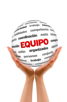 Hands holding a 3D Team Word Sphere isolated on white background.