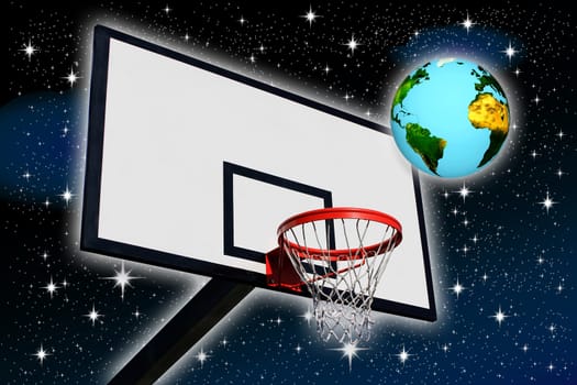 an earth and a panel of basketball on a background of starry sky