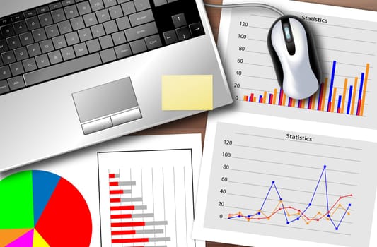 Desk with a laptop and a set of statistics to monitor the progress of the business