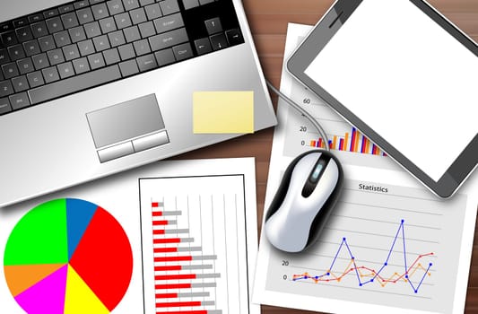 Desk with a laptop and a set of statistics to monitor the progress of the business