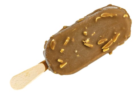 almond ice cream with wooden stick, isolated on white background