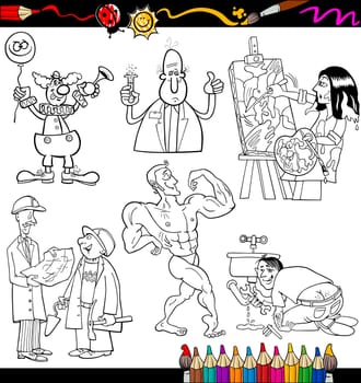 Coloring Book or Page Cartoon Illustration of Black and White Professional People Occupations Comic Characters Set for Children Education