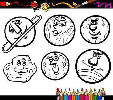 Coloring Book or Page Cartoon Illustration of Black and White Planets and Orbs Comic Characters Set for Children Education