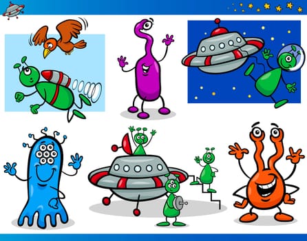 Cartoon Illustrations Set of Fantasy Aliens or Martians Comic Mascot Characters