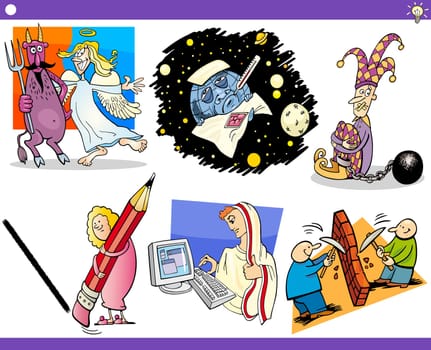 Illustration Set of Humorous Cartoon Concepts or Ideas and Metaphors with Funny Characters