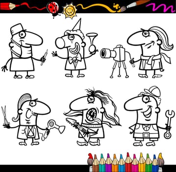 Coloring Book or Page Cartoon Illustration of Black and White Professional People Occupations Comic Characters Set for Children Education